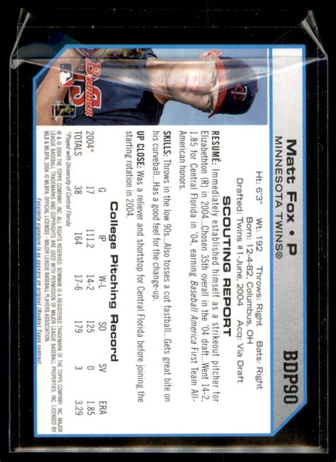 Bowman Draft Picks Prospects Matt Fox Rc Minnesota Twins Bdp