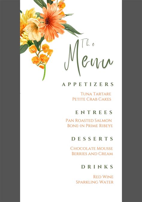 Editable Menu Card Template Orange And Yellow Menu Cards Floral