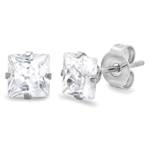 Princess Cut Swiss Cubic Zirconia Stud Earrings Square 316 Stainless S