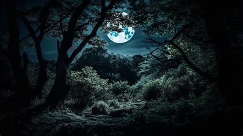 Premium AI Image A Full Moon Shines Over A Forest At Night