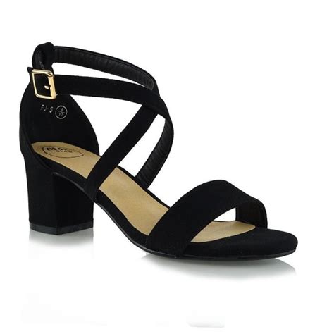 Womens Low Heels Strappy Block Heel Ankle Strap Evening Sandals Black