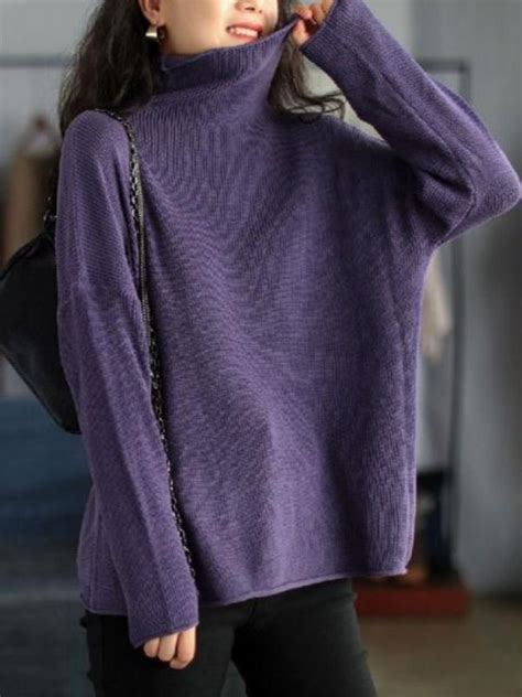 Solid Color Oversized Knit Sweater Cotton Turtleneck Sweater In Dark