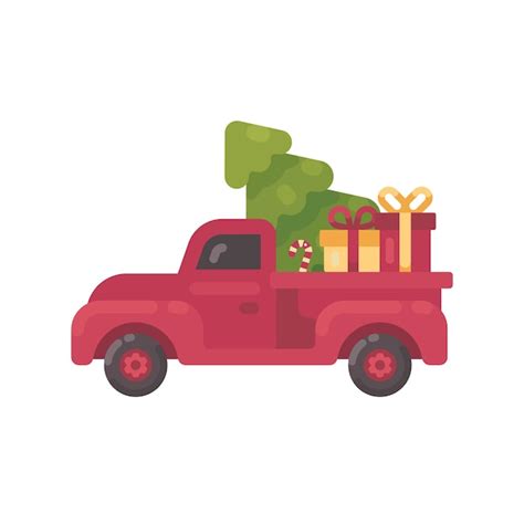 Premium Vector Old Red Truck With Christmas Tree And Presents