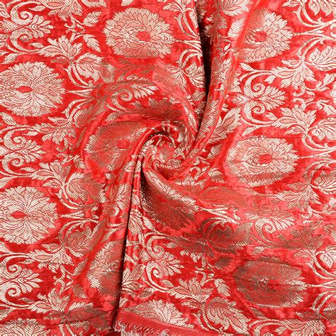 Buy Red And Golden Floral Banarasi Brocade Fabric 8659