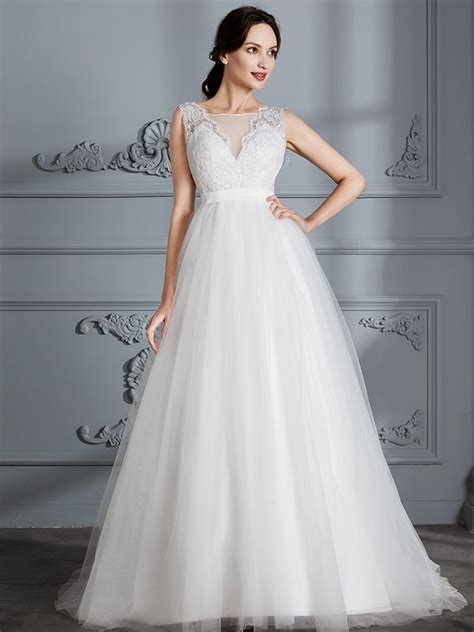 A Line Princess Sleeveless V Neck Sweep Brush Train Tulle Wedding