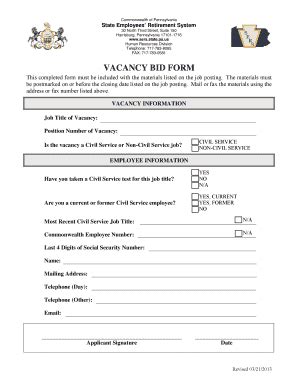 Fillable Online Vacancy Bid Form Fax Email Print Pdffiller