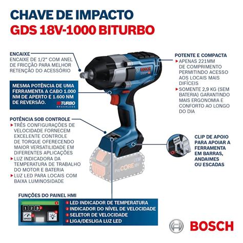 Chave De Impacto Brushless GDS18V 1000 1 2 Pol 18V Sem Bateria BOSCH