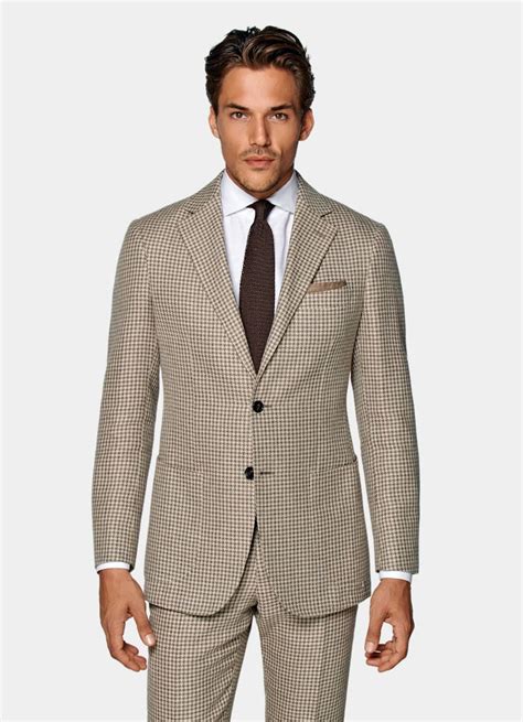 Light Brown Houndstooth Havana Suit Linen Silk Wool Cotton Single