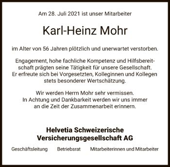 Traueranzeigen Von Karl Heinz Mohr Trauer Rheinmain De