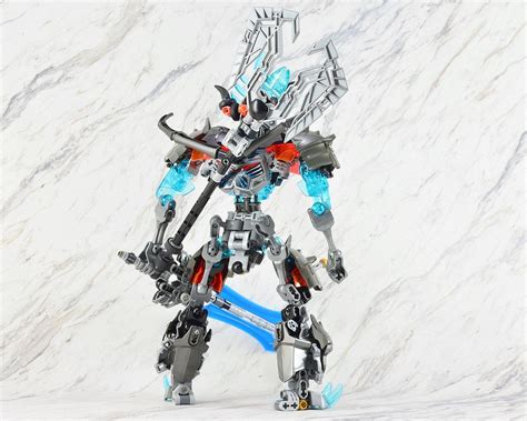 A Robot That Is Standing Up Against A White Marble Wall With Blue And