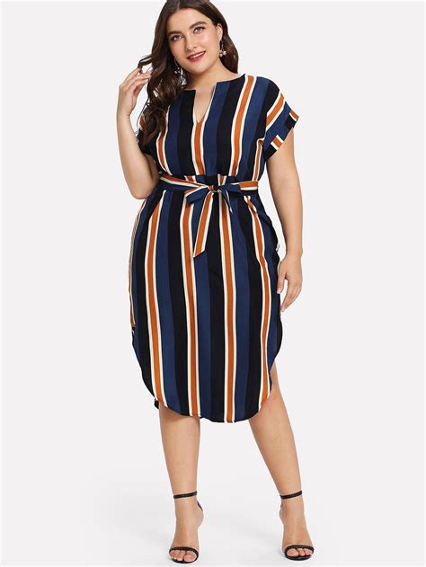 Curved Hem Tie Waist Striped Dress Shein Sheinside Plus Dresses