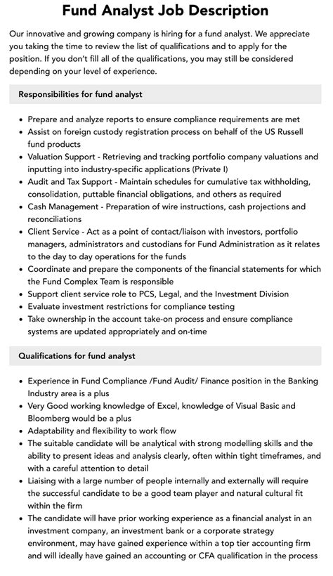 Fund Analyst Job Description Velvet Jobs