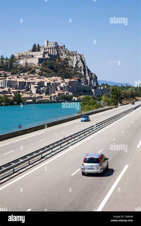 River Durance French Motorway A51 And The City Of Sisteron Provence