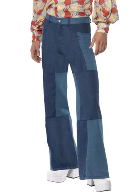 Mens 70s Denim Patchwork Flared Trousers