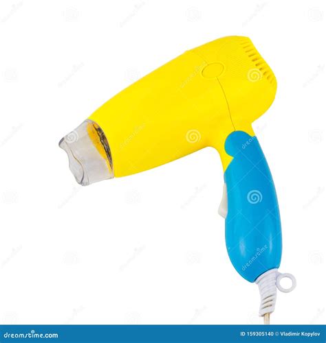 Yellow Hair Dryer With Blue Handle Isolated On White Background The