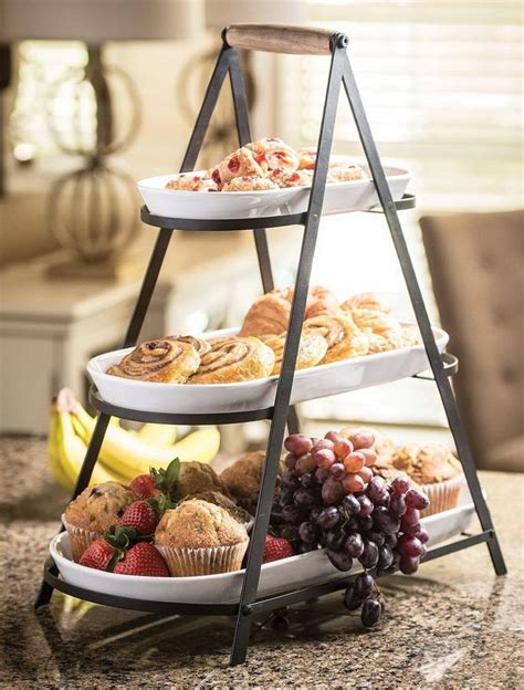 New 3 Tier Buffet Server 3 Stoneware Serving Platter Trays Metal Stand