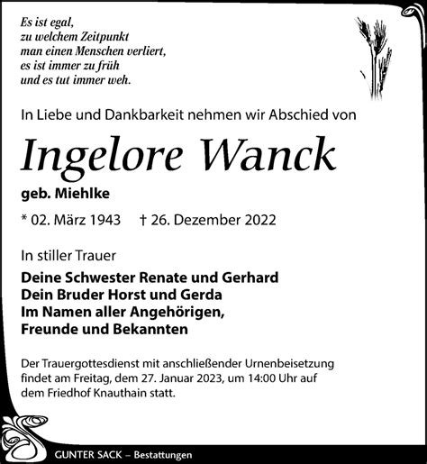 Traueranzeigen Von Ingelore Wanck Trauer Anzeigen De