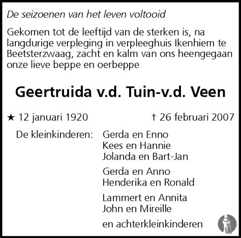 Geertruida Van Der Tuin Van Der Veen Overlijdensbericht En