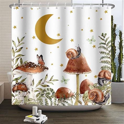 Cute Fungi Fun Mushroom And Moon Cartoon Shower Curtain For Your Bathroom Decor