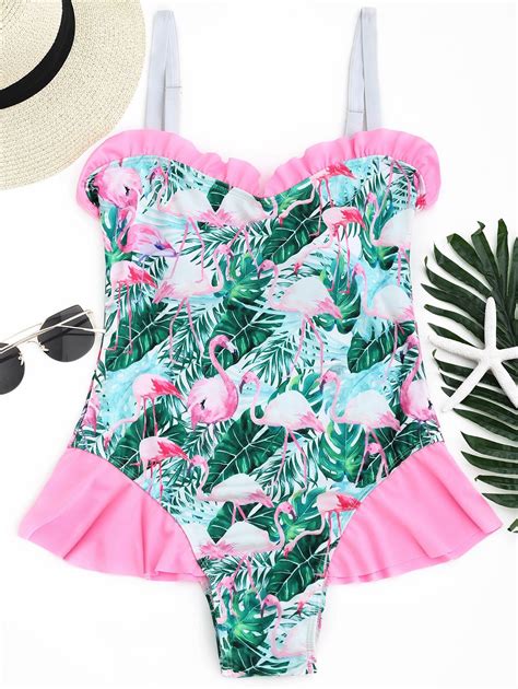 34 Off Flamingo Tropical Print Ruffled Swimwear Rosegal