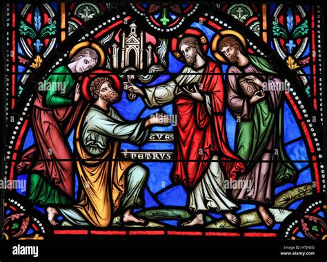 Stained Glass Window Depicting Jesus Handing Over The Keys To Heaven To