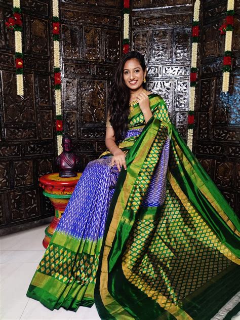 Pure Pochampally Ikkat Silk Saree Blue And Green