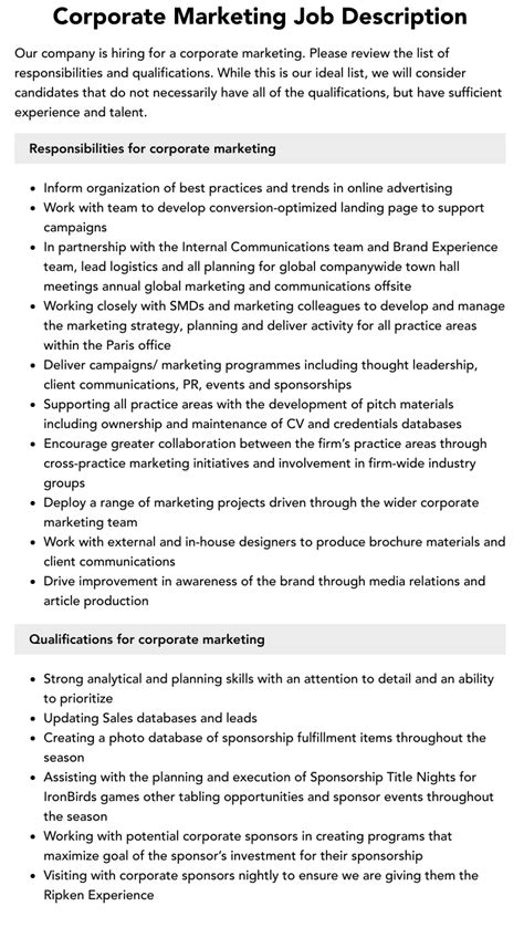 Corporate Marketing Job Description Velvet Jobs