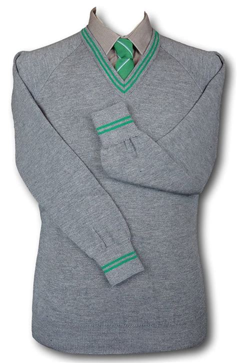 Grey V Neck Woollen School Uniform Jersey With Emerald Trim At Neck