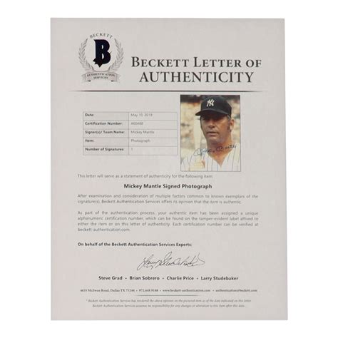 Mickey Mantle Signed Yankees X Photo Beckett Pristine Auction