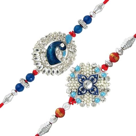 Mahi Combo Of Two Blue Rakhis With Pearls Meenakari Work For Mens