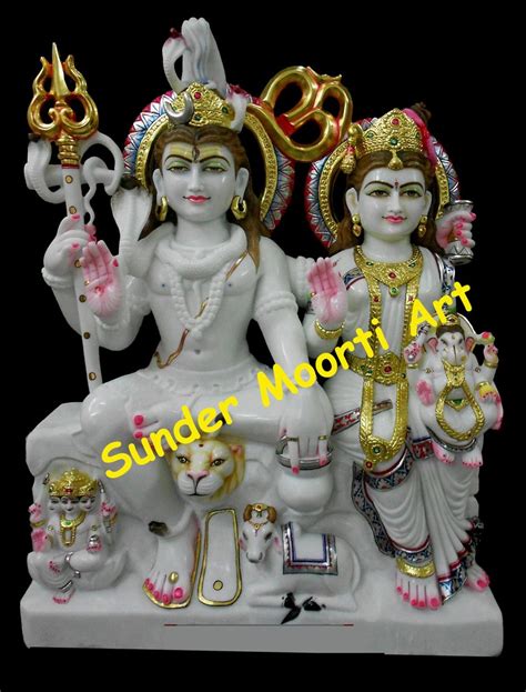 Painted Hindu White Marble Shiv Parvati Statue For Temple Size To