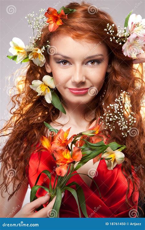 Beautiful Woman With Spring Flowers Stock Photo Image Of Caucasian