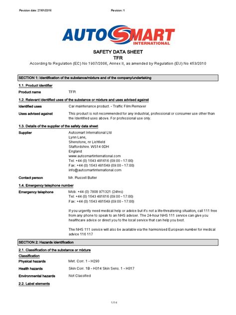 Safety Data Sheet TFR: According To Regulation (EC) No 1907/2006, Annex ...