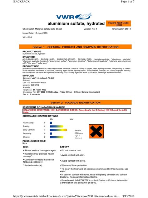 Aluminium Sulfate, Hydrated 7784-31-8 MSDS | PDF | Dangerous Goods ...