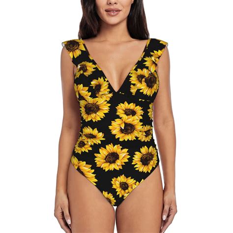 Bingfone Sunflower Print Women Ruffle One Piece Swimsuit Flounce