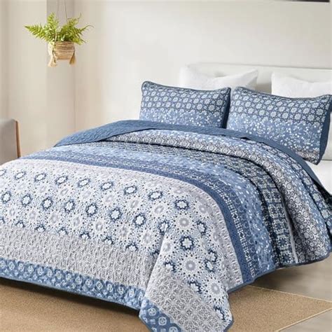 Amazon Wongs Bedding Boho Quilt Set King Blue Bohemian Striped