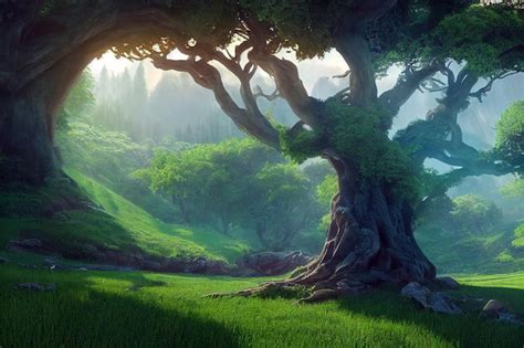 Premium Photo Fantasy A Giant Green Tree On The Mountain Digital Art