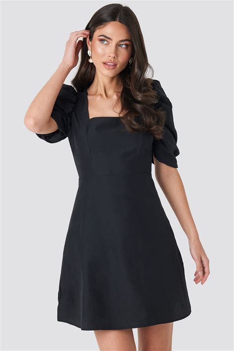 Square Neckline Puff Sleeve Mini Dress Zwart Na