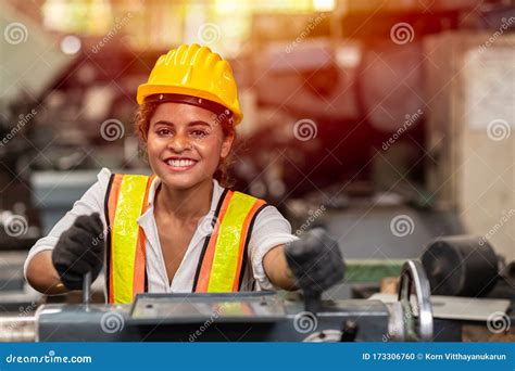 Girl Teen Worker With Safety Helmet Happy Smiling Working Labor In