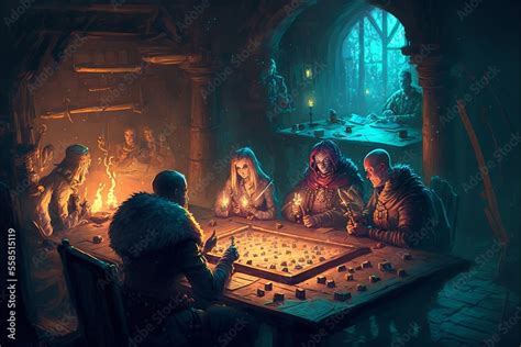 Roleplaying Scenery In Fantasy Dungeon Interior With Characters Playing