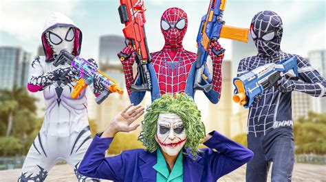 Team Spiderman Vs Bad Guys Team Joker Nerf Guns Battle Live Action