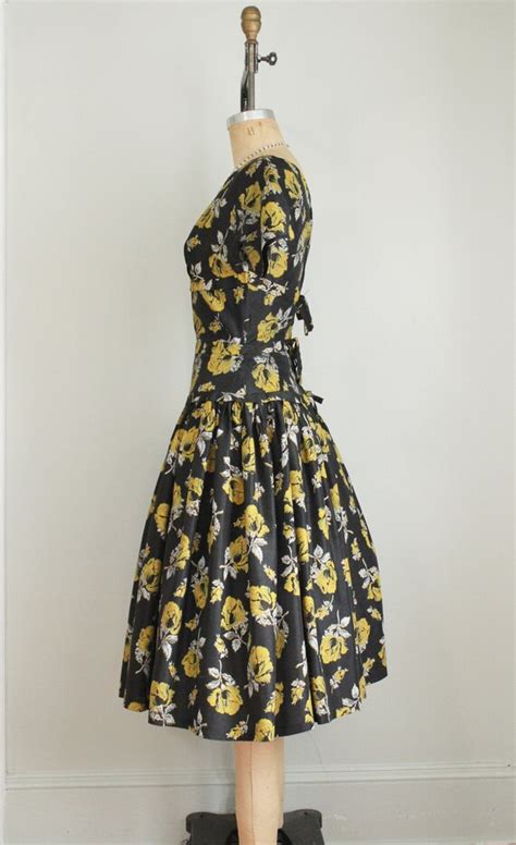 Vintage 1950s Yellow And Black Floral Print Dress F… Gem