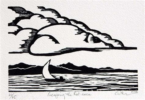 Sailboat And Clouds Original Woodcut Relief Print By Diane Cutter