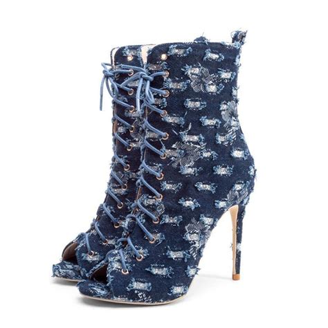 Shoespie Blue Hollow Worn Canvas Peep Toe Ankle Boots Peep Toe Ankle Boots Stiletto Heels