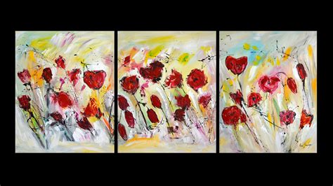 Tableau Peinture Abstraite Fleurs Triptyque Coquelicots