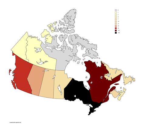 Map of Canada by how many cities/towns with over 10k population there ...