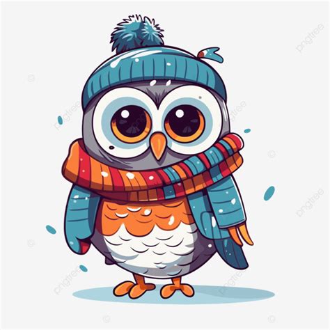 Winter Owl Vector Sticker Clipart Cartoon Owl In Winter With Scarf