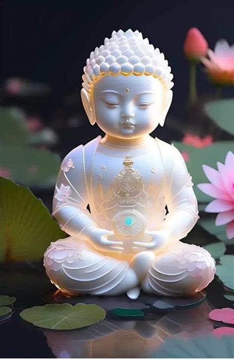 A White Buddha Statue Sitting On Top Of A Table Next To Water Lilies