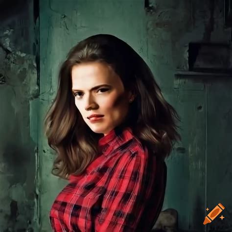 Closeup Of Hayley Atwell In A Red Plaid Shirt And Black Leather