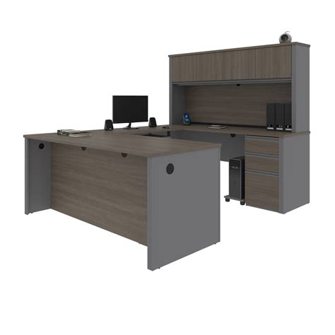 U-shaped Desk & Hutch in Bark Gray & Slate by Bestar - OfficeDesk.com